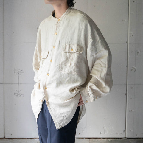 1990s ecru color all linen no collar shirt