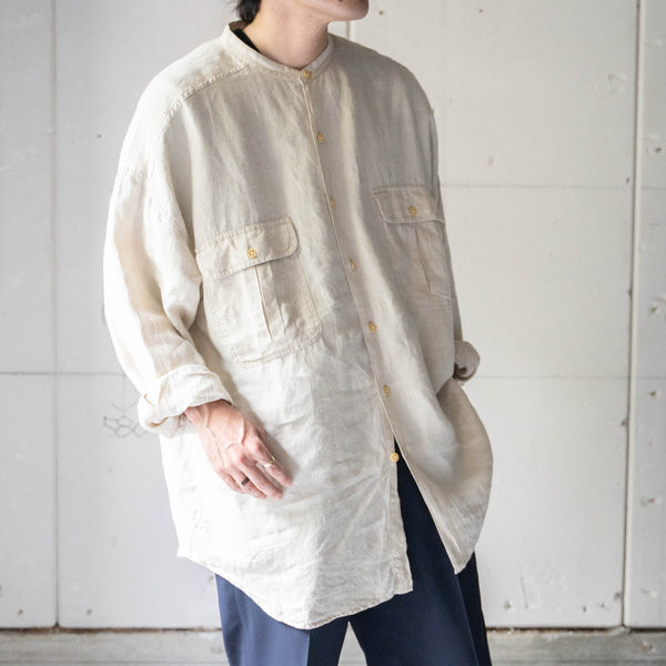 1990s ecru color all linen no collar shirt