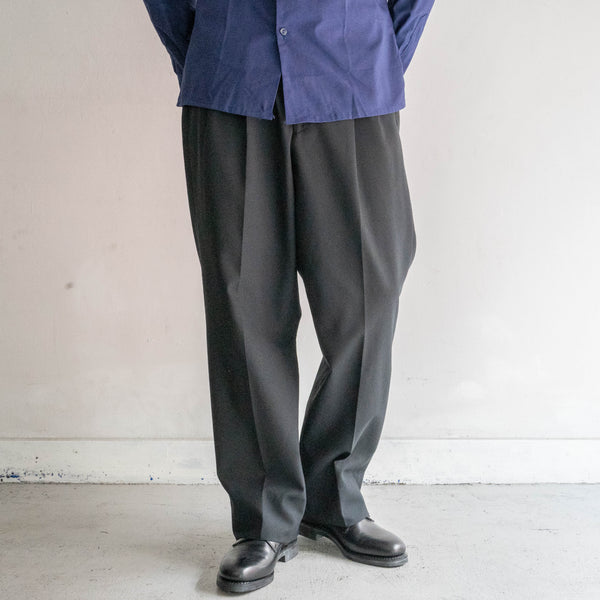 1990-00s Japan vintage black poly × wool 2 tuck slacks