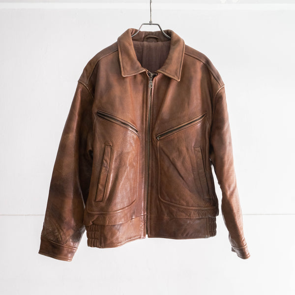 1980-90s brown color zip up leather jacket -good fabric & fade-