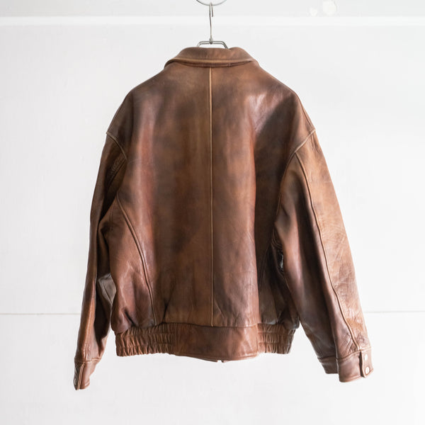 1980-90s brown color zip up leather jacket -good fabric & fade-