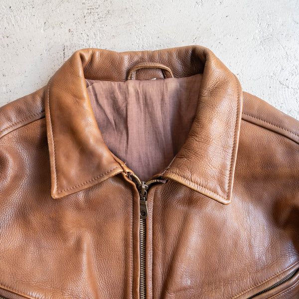 1980-90s brown color zip up leather jacket -good fabric & fade-