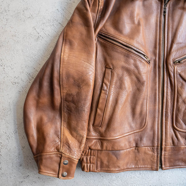 1980-90s brown color zip up leather jacket -good fabric & fade-