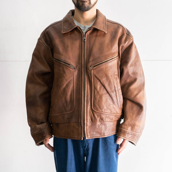 1980-90s brown color zip up leather jacket -good fabric & fade-