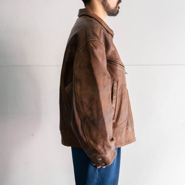 1980-90s brown color zip up leather jacket -good fabric & fade-