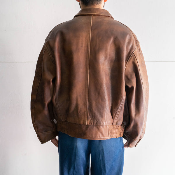 1980-90s brown color zip up leather jacket -good fabric & fade-