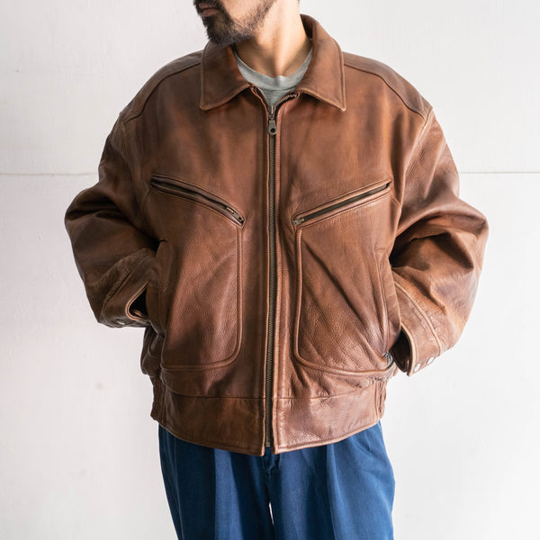 1980-90s brown color zip up leather jacket -good fabric & fade-