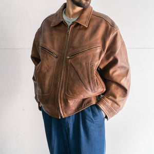 1980-90s brown color zip up leather jacket -good fabric & fade-