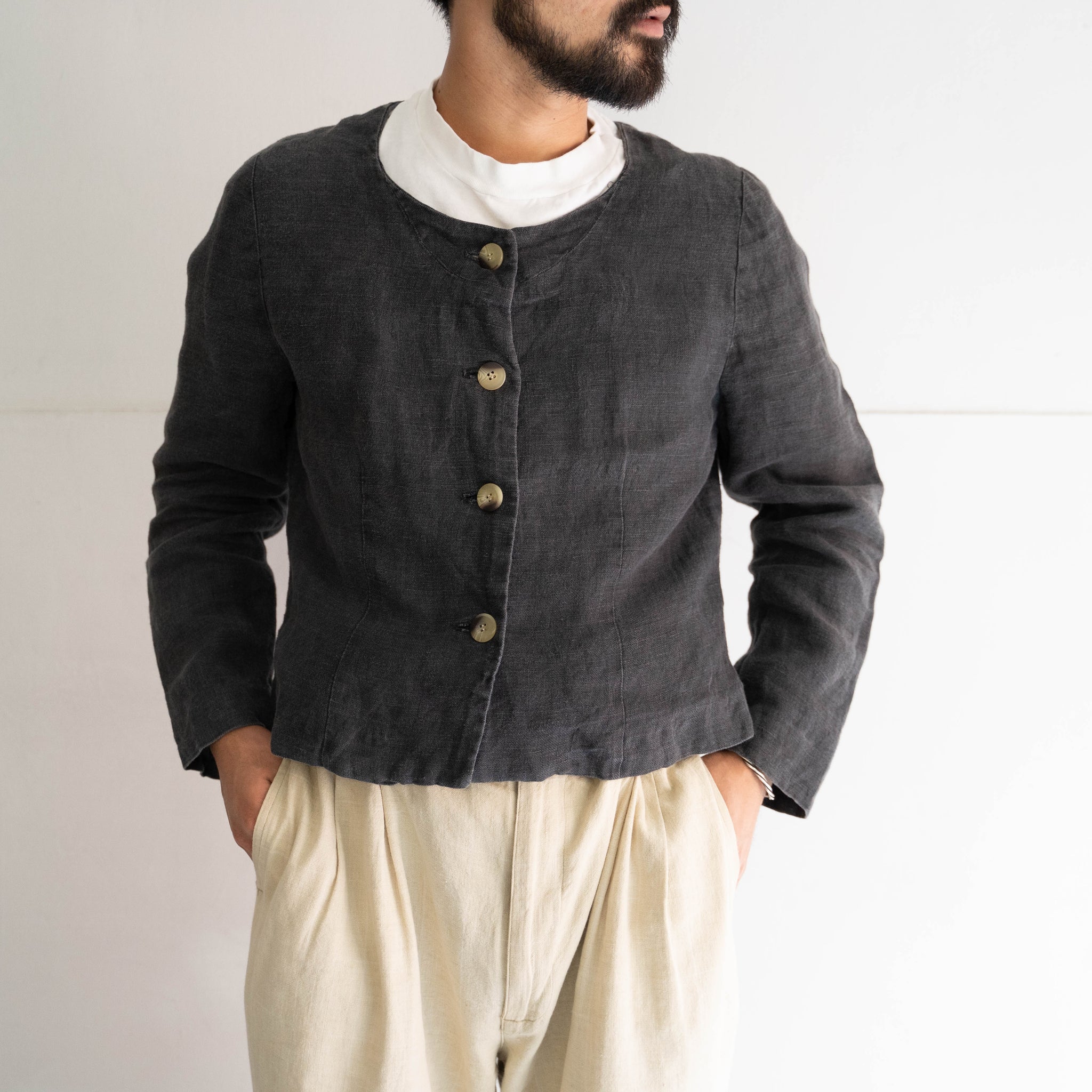 1990s black color linen no collar shirt jacket