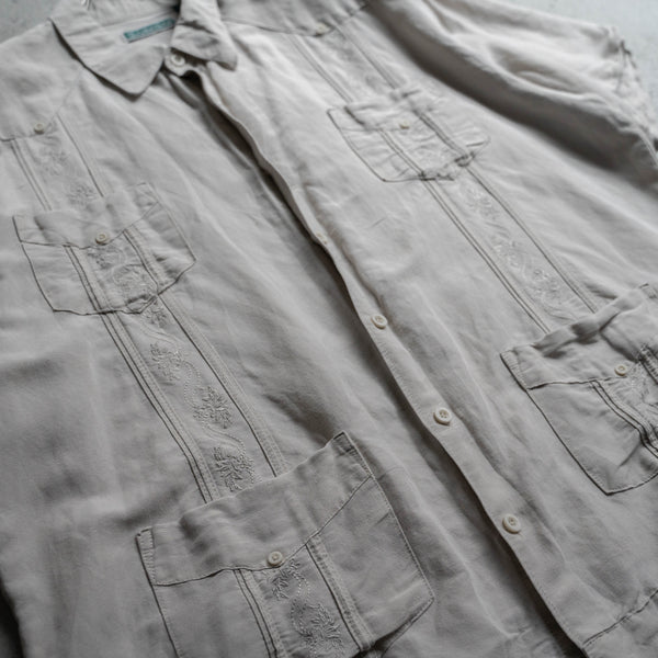 1990s light beige linen × rayon cuba s/s shirt