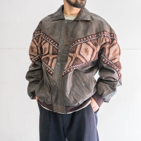 1980-90s brown color faded leather jacket -switching knit-