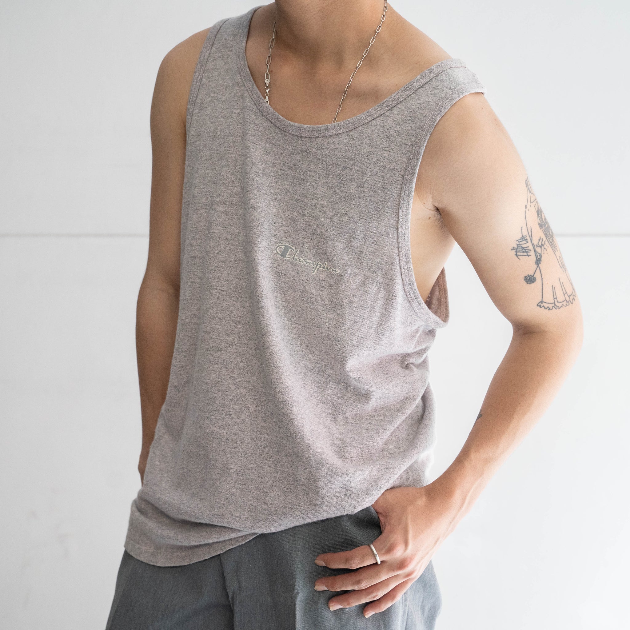 1980s 'champion' marbled gray color cotton × rayon tank top