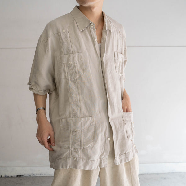 1990s light beige linen × rayon cuba s/s shirt