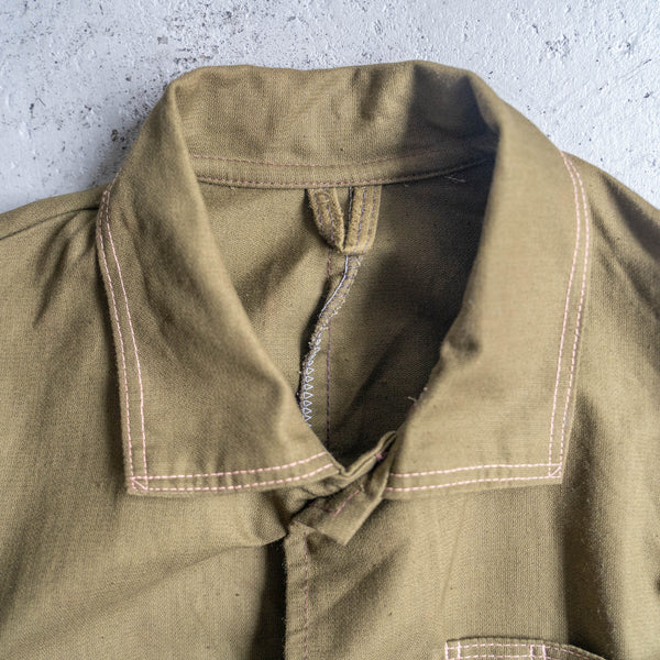 around 1980s Soviet military dark khaki color work jacket -brown stitch & elbow patch- 'dead stock'