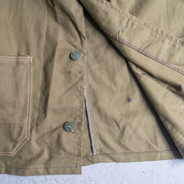 around 1980s Soviet military dark khaki color work jacket -brown stitch & elbow patch- 'dead stock'