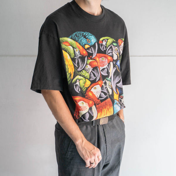 1990s black color birds print T-shirt  -single stitch-