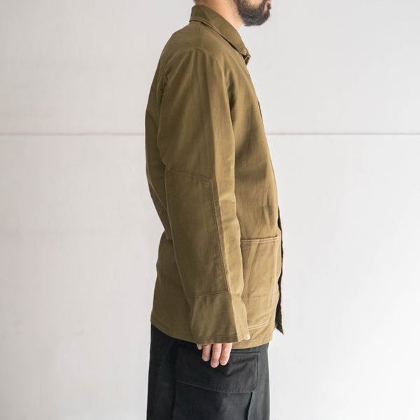 around 1980s Soviet military dark khaki color work jacket -brown stitch & elbow patch- 'dead stock'