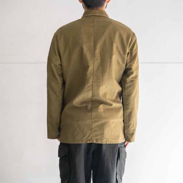 around 1980s Soviet military dark khaki color work jacket -brown stitch & elbow patch- 'dead stock'