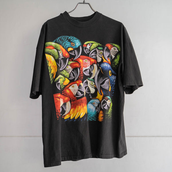 1990s black color birds print T-shirt  -single stitch-