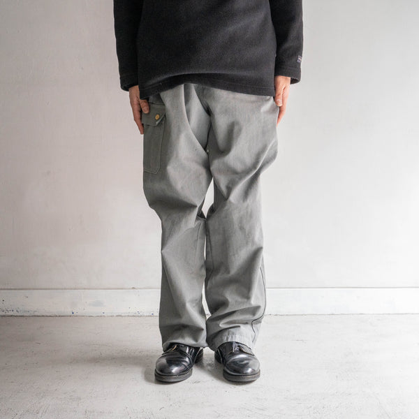 1990-00s Europe chef wide pants "black dyed-" -with cargo pocket & back pocket-