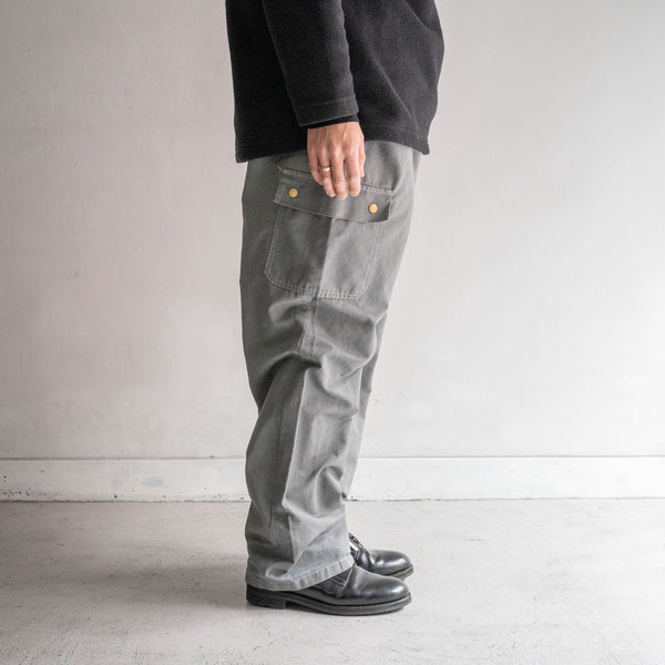 1990-00s Europe chef wide pants "black dyed-" -with cargo pocket & back pocket-