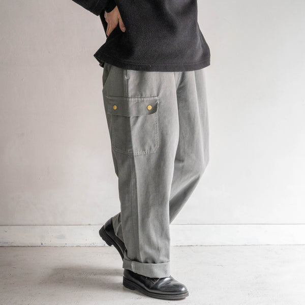 1990-00s Europe chef wide pants "black dyed-" -with cargo pocket & back pocket-