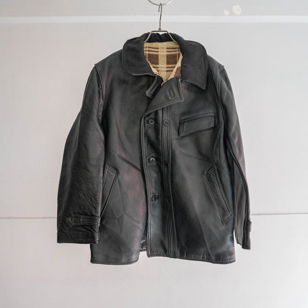 1950-60s France double breasted black leather "corbusier jacket" -big wool collar-