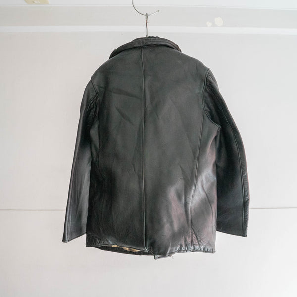 1950-60s France double breasted black leather "corbusier jacket" -big wool collar-
