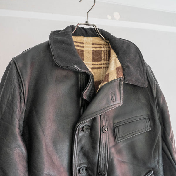 1950-60s France double breasted black leather "corbusier jacket" -big wool collar-