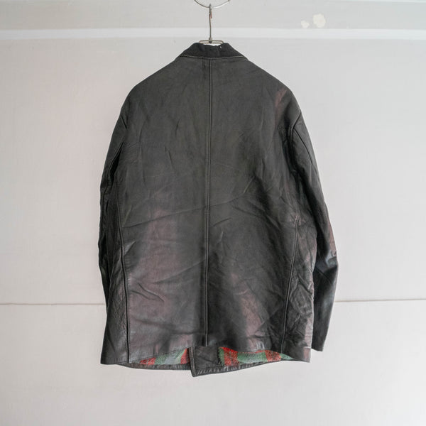 1960-70s France double breasted black leather "corbusier jacket" -wool collar & chin strap-