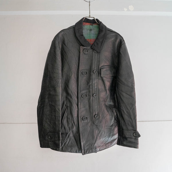 1960-70s France double breasted black leather "corbusier jacket" -wool collar & chin strap-