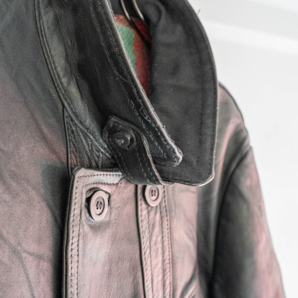 1960-70s France double breasted black leather "corbusier jacket" -wool collar & chin strap-