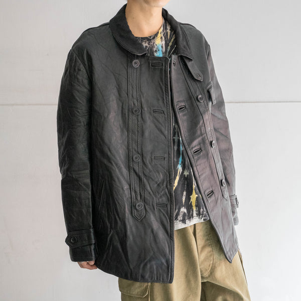 1960-70s France double breasted black leather "corbusier jacket" -wool collar & chin strap-