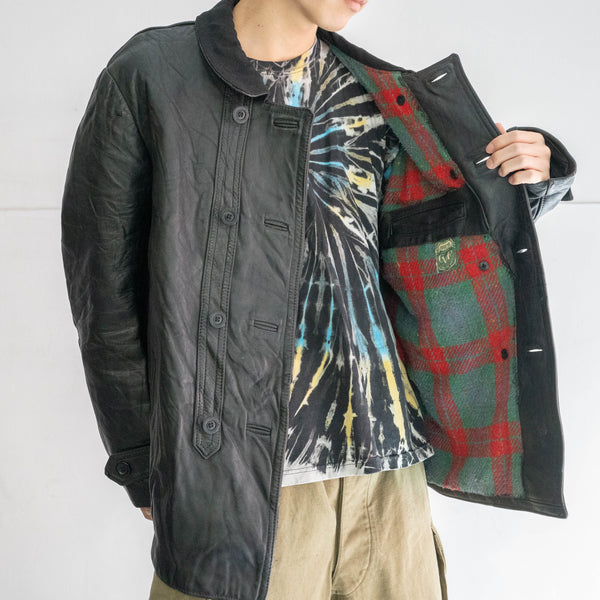 1960-70s France double breasted black leather "corbusier jacket" -wool collar & chin strap-