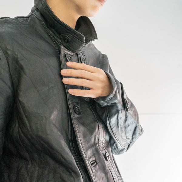 1960-70s France double breasted black leather "corbusier jacket" -wool collar & chin strap-