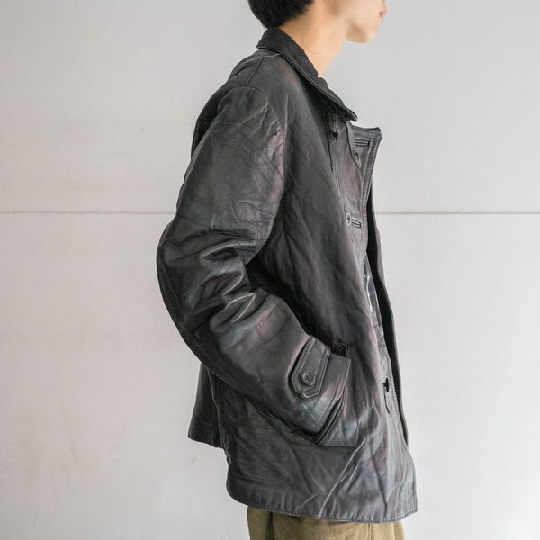 1960-70s France double breasted black leather "corbusier jacket" -wool collar & chin strap-