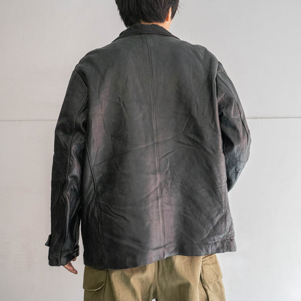 1960-70s France double breasted black leather "corbusier jacket" -wool collar & chin strap-