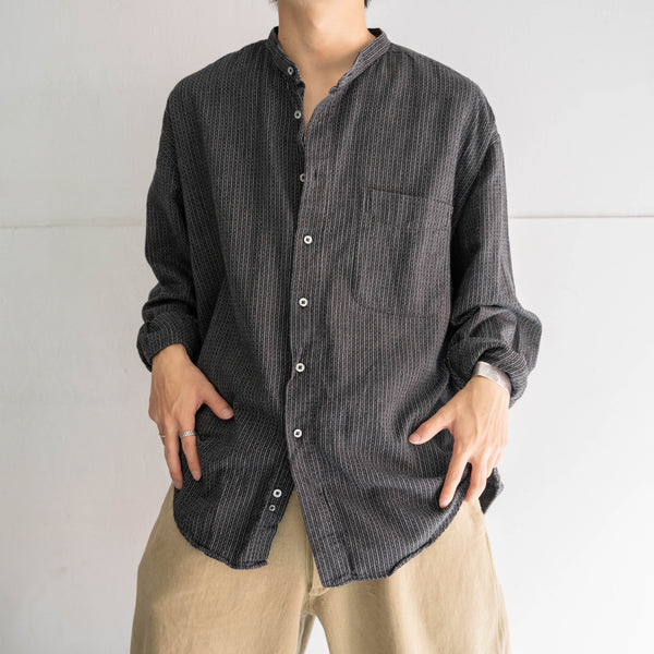 1990s black based stripe stand collar l/s shirt