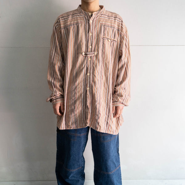 1980-90s  multi stripe no collar tyrolean shirt -big size-