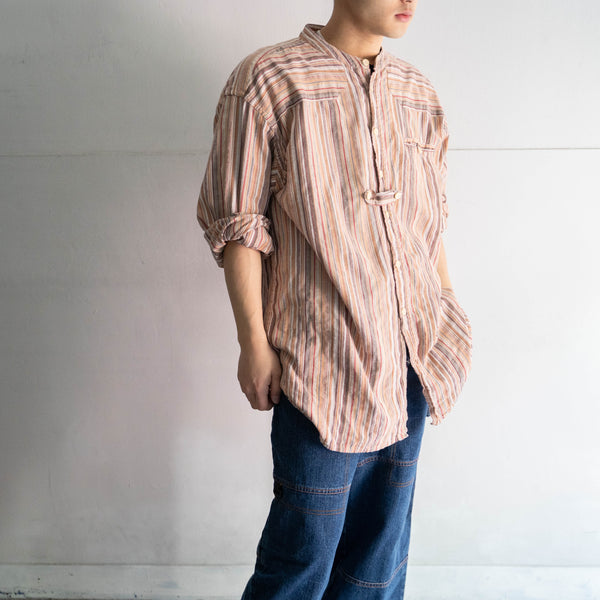 1980-90s  multi stripe no collar tyrolean shirt -big size-