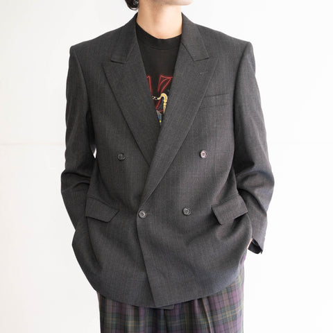 around 1980s Japan vintage dark gray color striped wool double breasted tailored jacket -light weight-