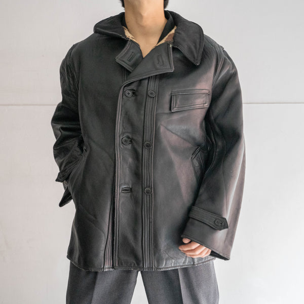 1950-60s France double breasted black leather "corbusier jacket" -big wool collar-