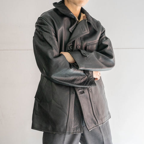 1950-60s France double breasted black leather "corbusier jacket" -big wool collar-