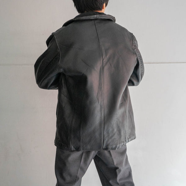 1950-60s France double breasted black leather "corbusier jacket" -big wool collar-