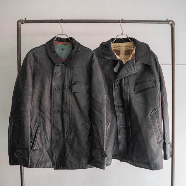 1960-70s France double breasted black leather "corbusier jacket" -wool collar & chin strap-