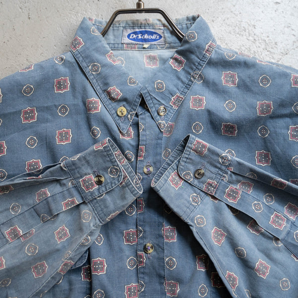 1990s blue based all over pattern l/s shirt -good fade-