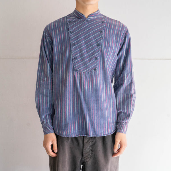 1980-90s Europe blue × red stripe shirt -strange front design-