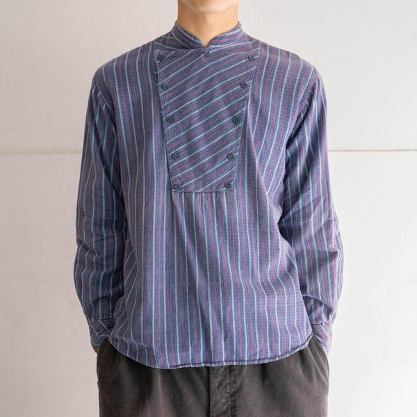 1980-90s Europe blue × red stripe shirt -strange front design-