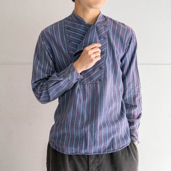 1980-90s Europe blue × red stripe shirt -strange front design-