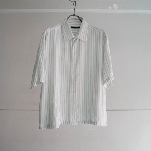 1990s white × blue striped s/s shirt -remake-